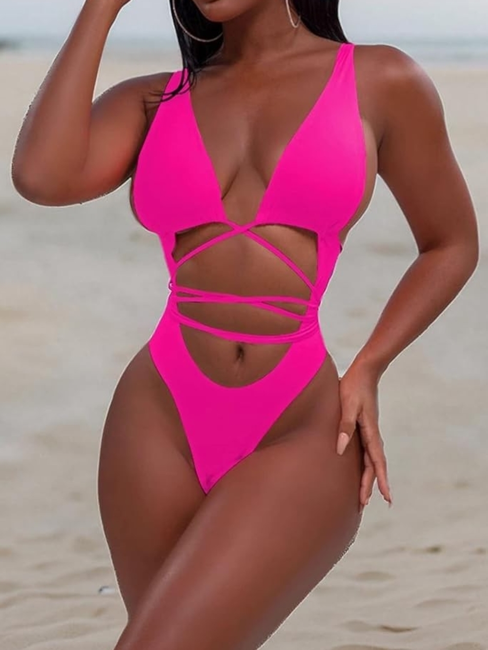 Hot Pink Cutout Sexy Beach One-Piece Swimsuit Small